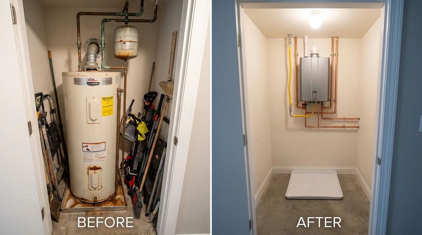 Tank water heater versus wall-mounted tankless unit comparison for Williamsville, IL homeowners