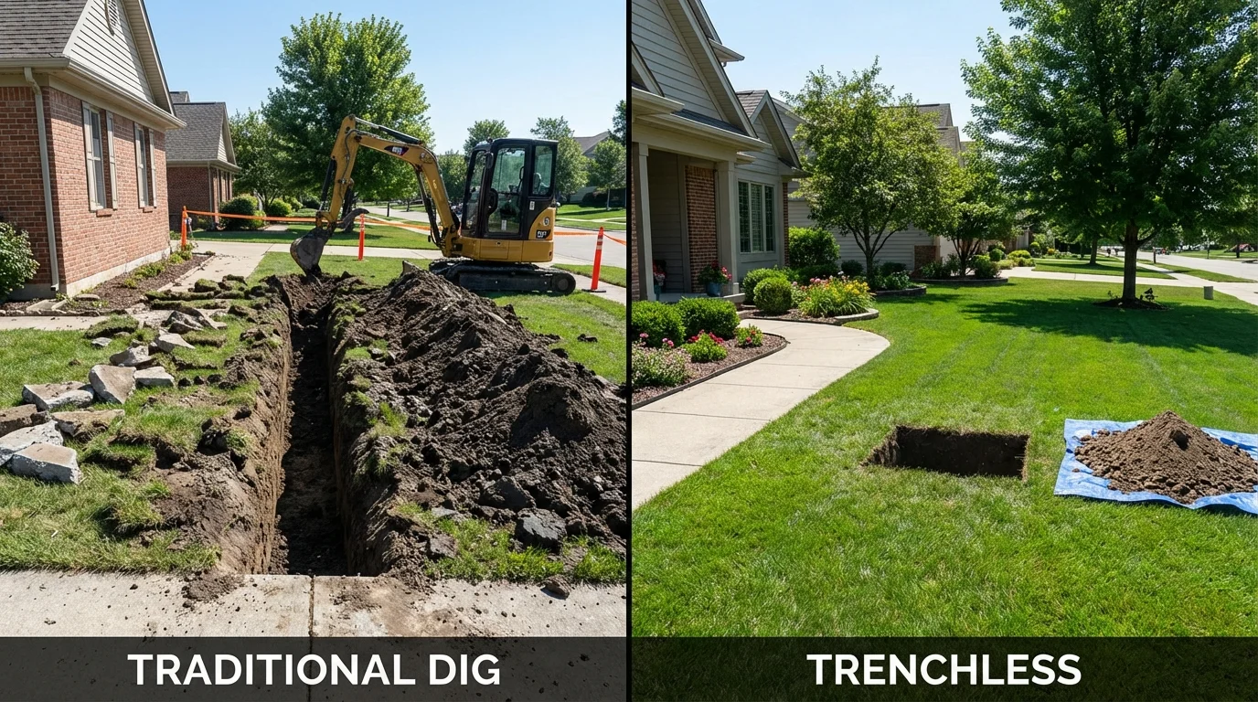 Trenchless sewer repair with minimal yard damage versus traditional excavation in Williamsville, IL